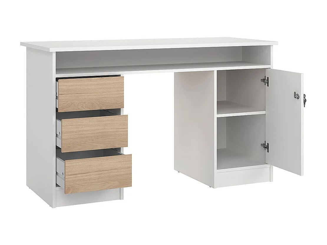 FunctionPlus Schreibtisch 1 Ablage, 1 Tür, 3 Schubladen weiß, Eichen-Dekor.