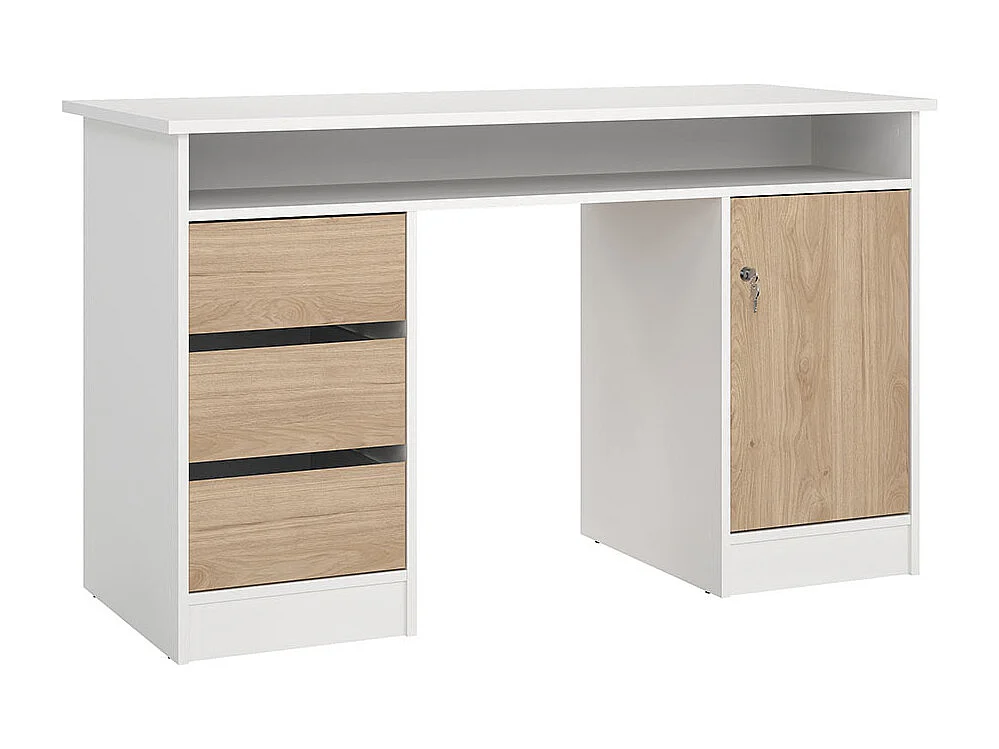 FunctionPlus Schreibtisch 1 Ablage, 1 Tür, 3 Schubladen weiß, Eichen-Dekor.