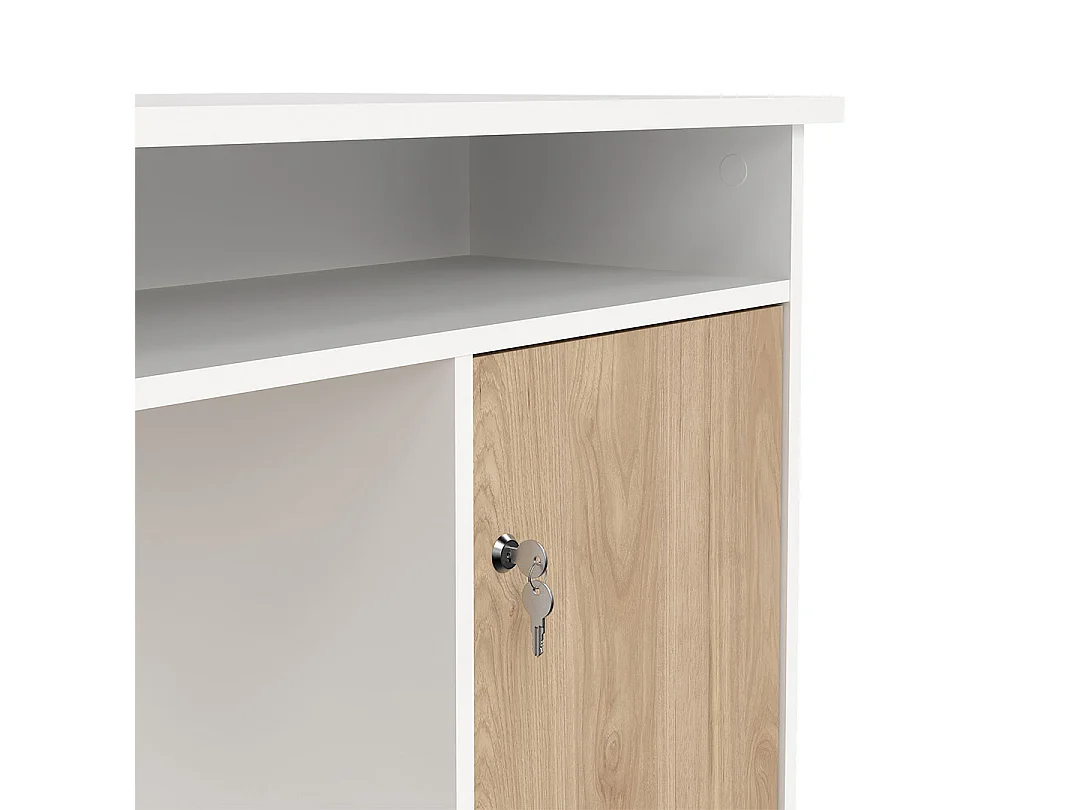 FunctionPlus Schreibtisch 1 Ablage, 1 Tür, 3 Schubladen weiß, Eichen-Dekor.