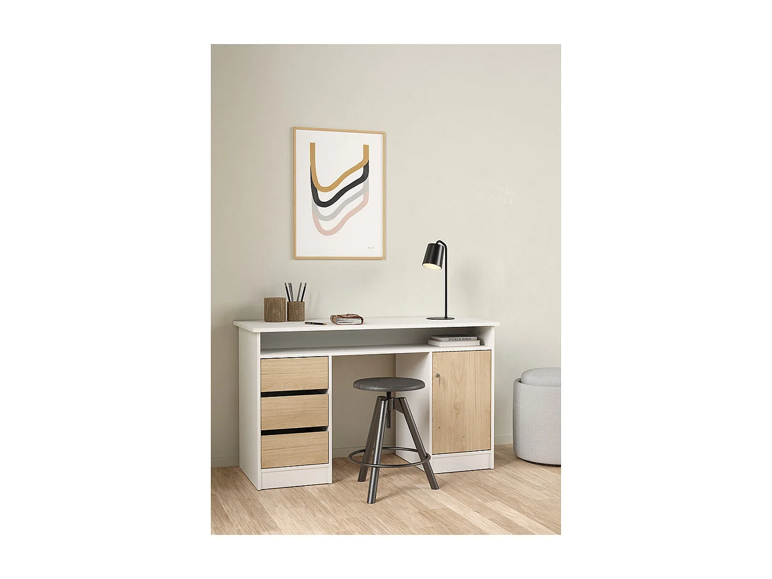 FunctionPlus Schreibtisch 1 Ablage, 1 Tür, 3 Schubladen weiß, Eichen-Dekor.