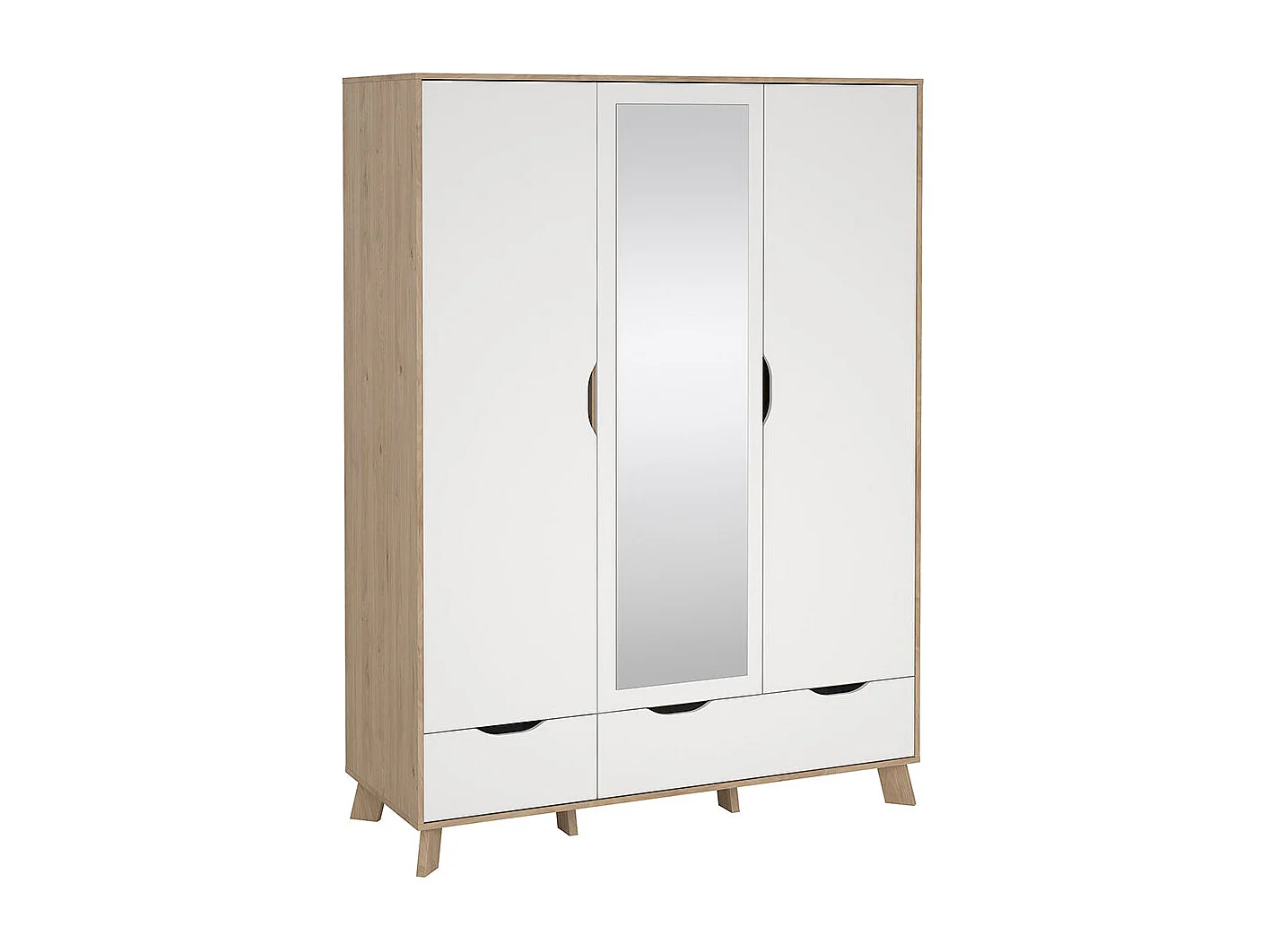 Ikast Kleiderschrank 201x148x58cm, 2 Türen, 1 Spiegeltür, 2 Schubladen Eichen-Dekor, weiß.