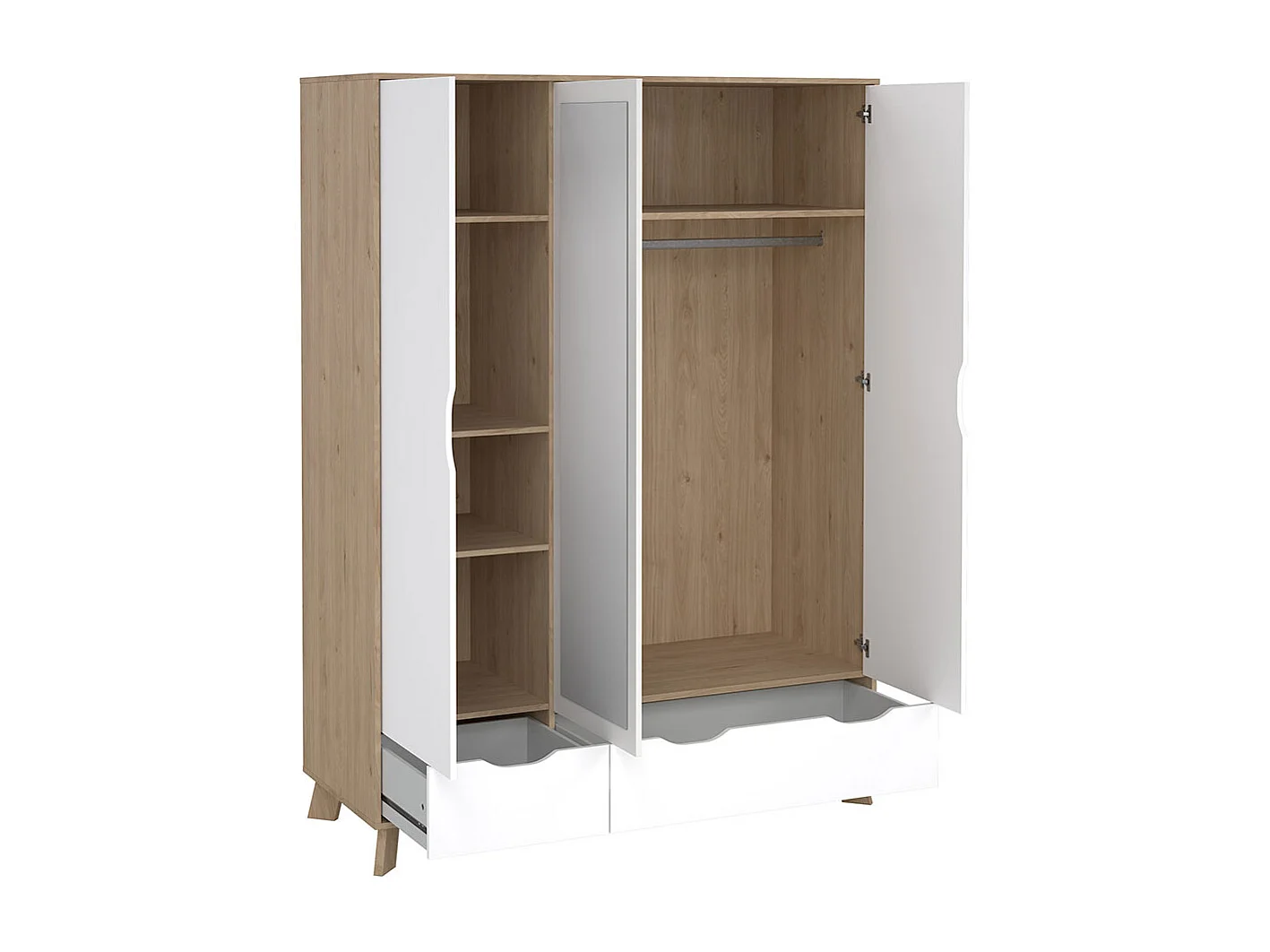 Ikast Kleiderschrank 201x148x58cm, 2 Türen, 1 Spiegeltür, 2 Schubladen Eichen-Dekor, weiß.