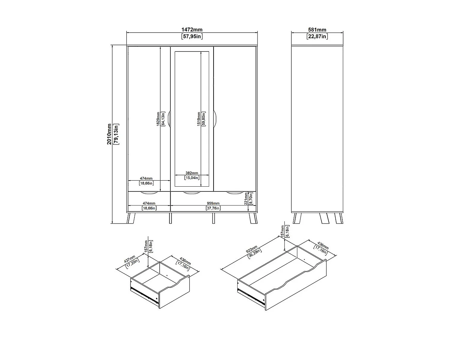 Ikast Kleiderschrank 201x148x58cm, 2 Türen, 1 Spiegeltür, 2 Schubladen Eichen-Dekor, weiß.