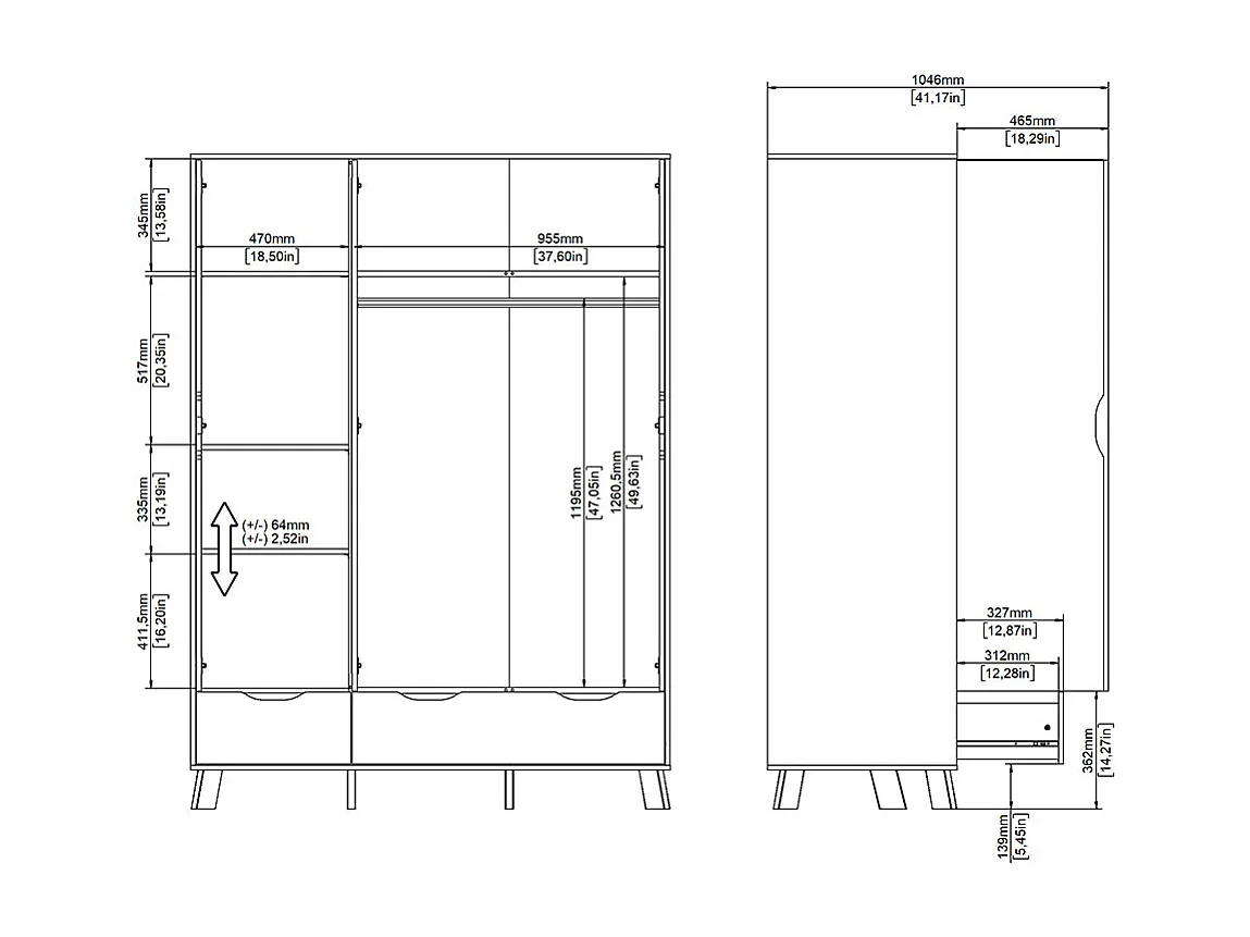 Ikast Kleiderschrank 201x148x58cm, 2 Türen, 1 Spiegeltür, 2 Schubladen Eichen-Dekor, weiß.
