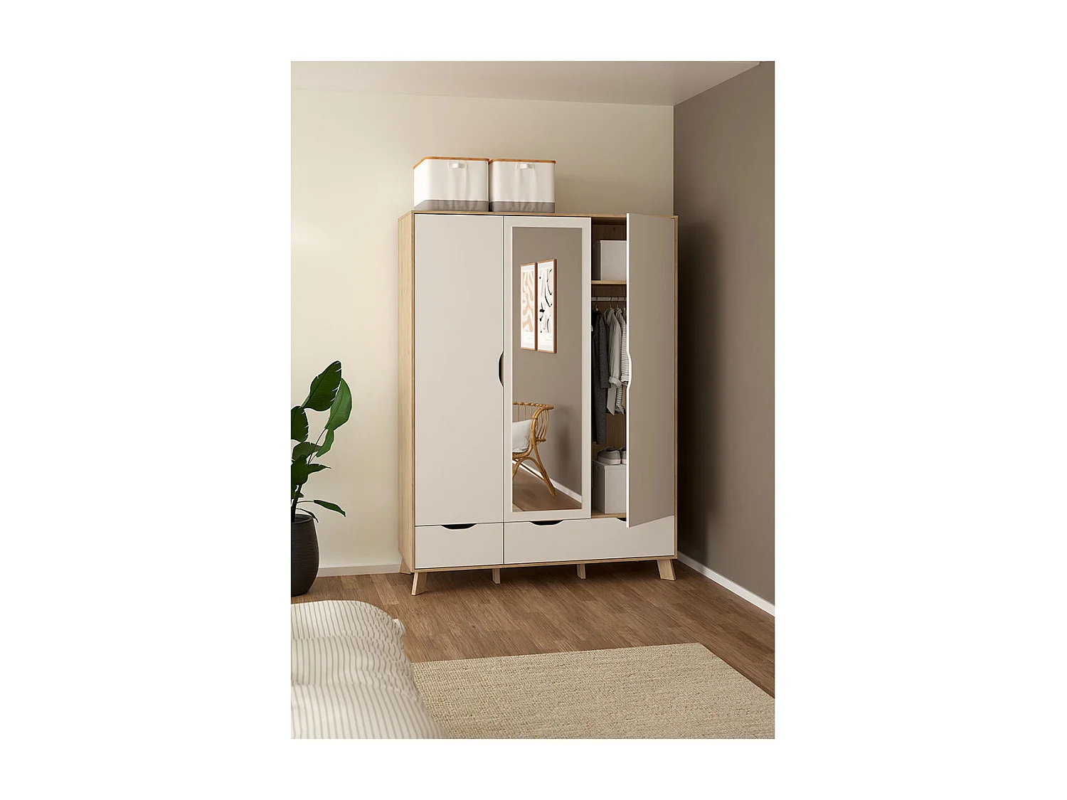 Ikast Kleiderschrank 201x148x58cm, 2 Türen, 1 Spiegeltür, 2 Schubladen Eichen-Dekor, weiß.