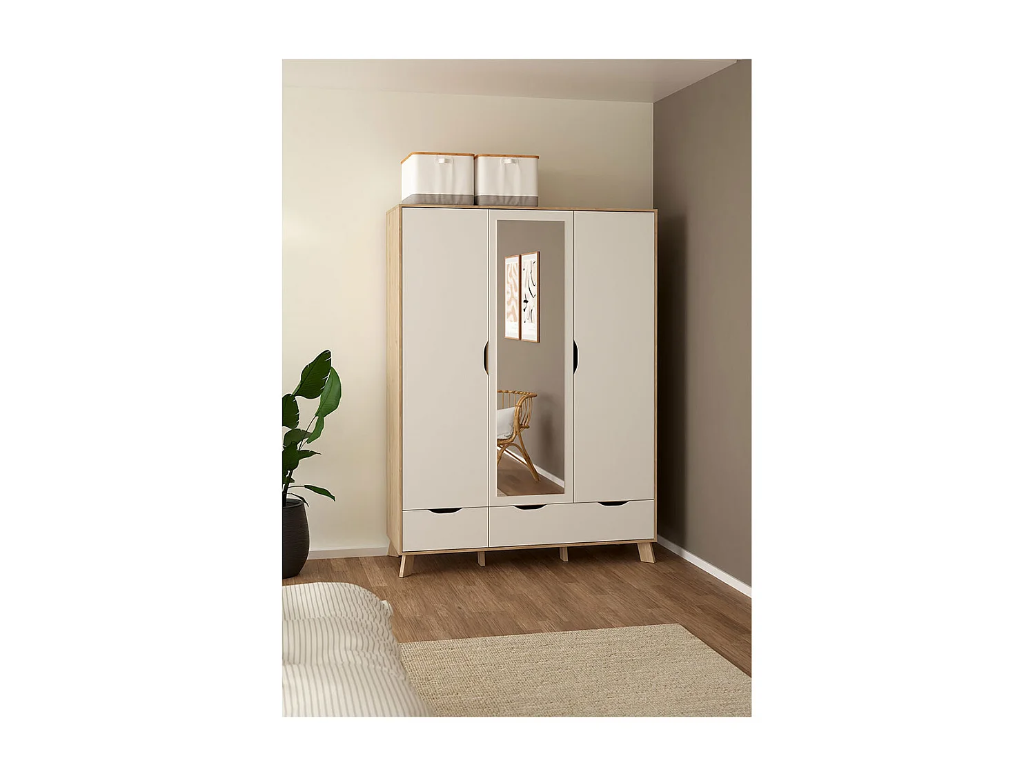 Ikast Kleiderschrank 201x148x58cm, 2 Türen, 1 Spiegeltür, 2 Schubladen Eichen-Dekor, weiß.