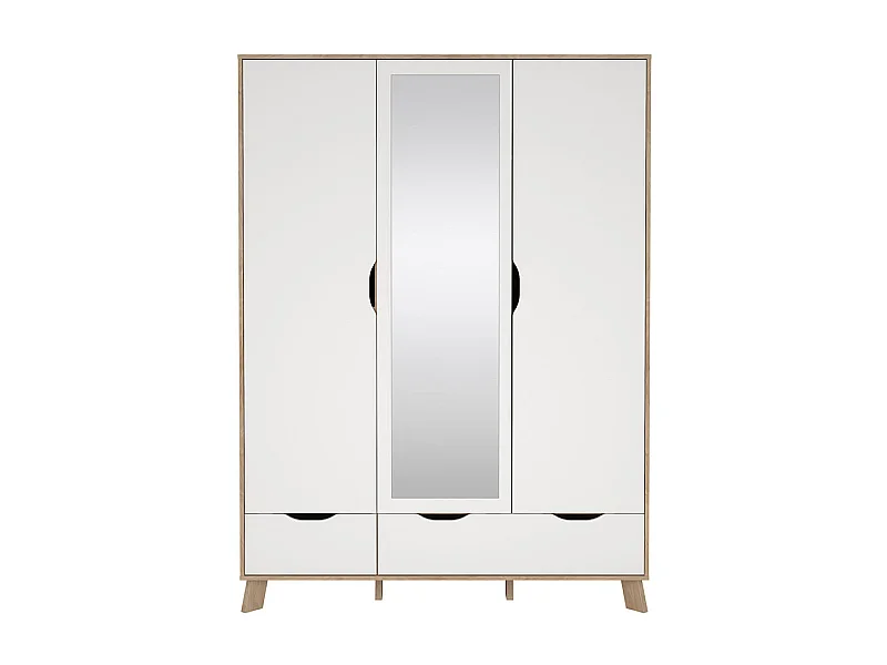 Ikast Kleiderschrank 201x148x58cm, 2 Türen, 1 Spiegeltür, 2 Schubladen Eichen-Dekor, weiß.