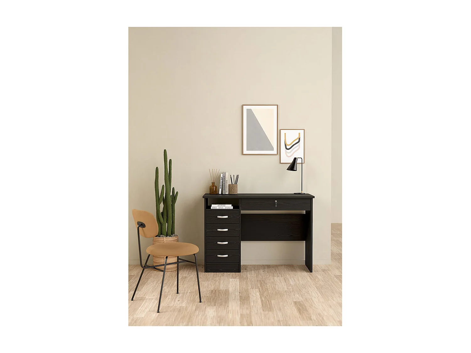 FunctionPlus Schreibtisch 5 Schubladen, 1 Ablage schwarze Asche-Dekor.