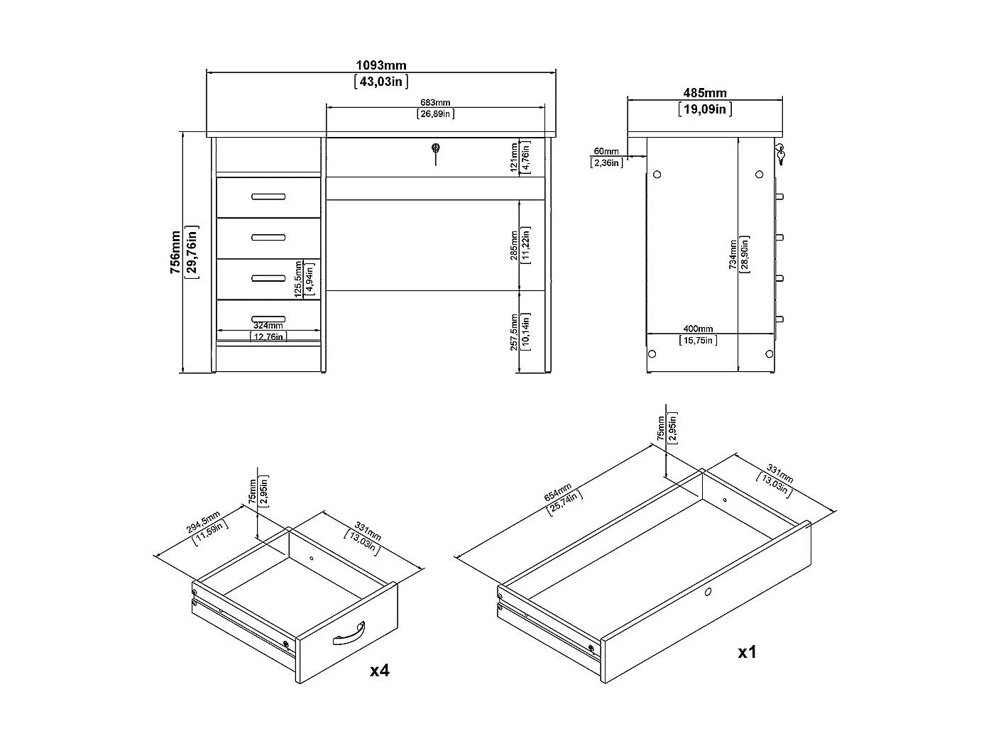 FunctionPlus Schreibtisch 5 Schubladen, 1 Ablage schwarze Asche-Dekor.