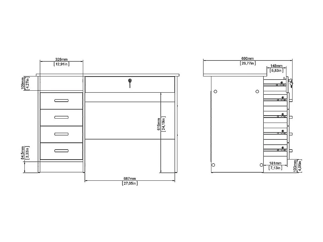 FunctionPlus Schreibtisch 5 Schubladen, 1 Ablage schwarze Asche-Dekor.