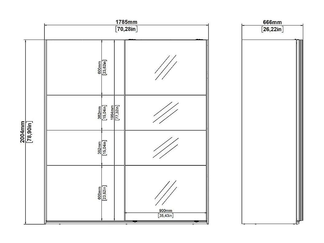 Catania Kleiderschrank 201x179x67cm, 1 Schiebetür, 1 Schiebetür mit Spiegel weiß.