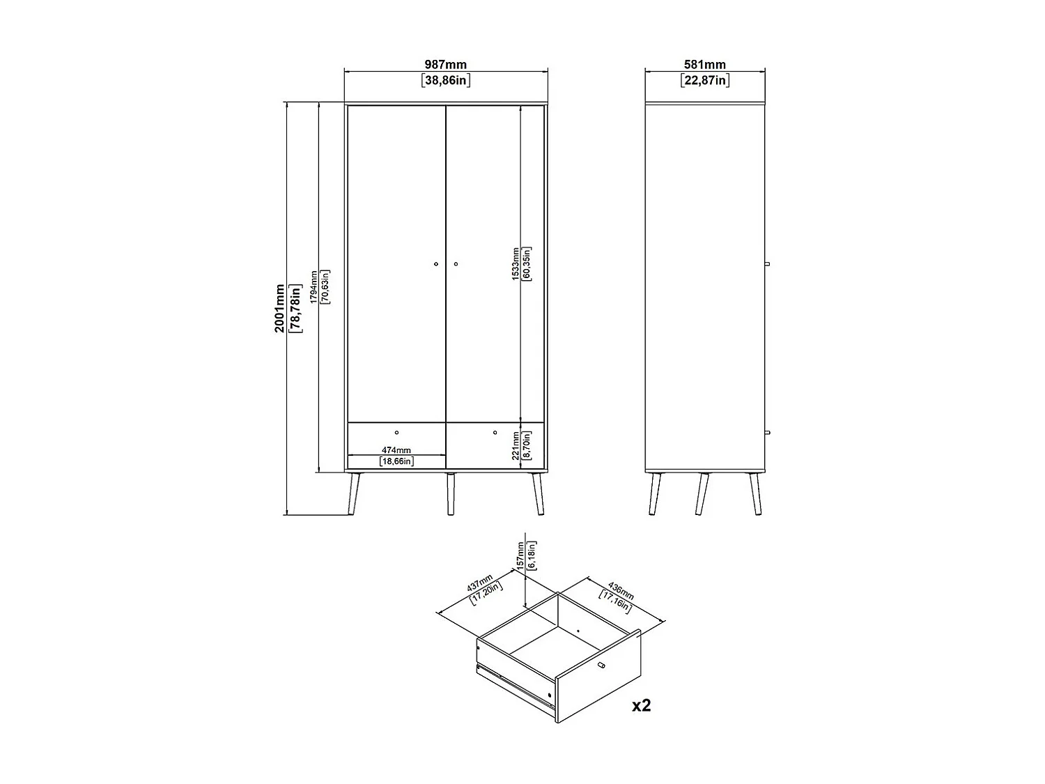 Armoire 2 portes et 2 tiroirs avec pieds en bois H200,1 cm - TARP
