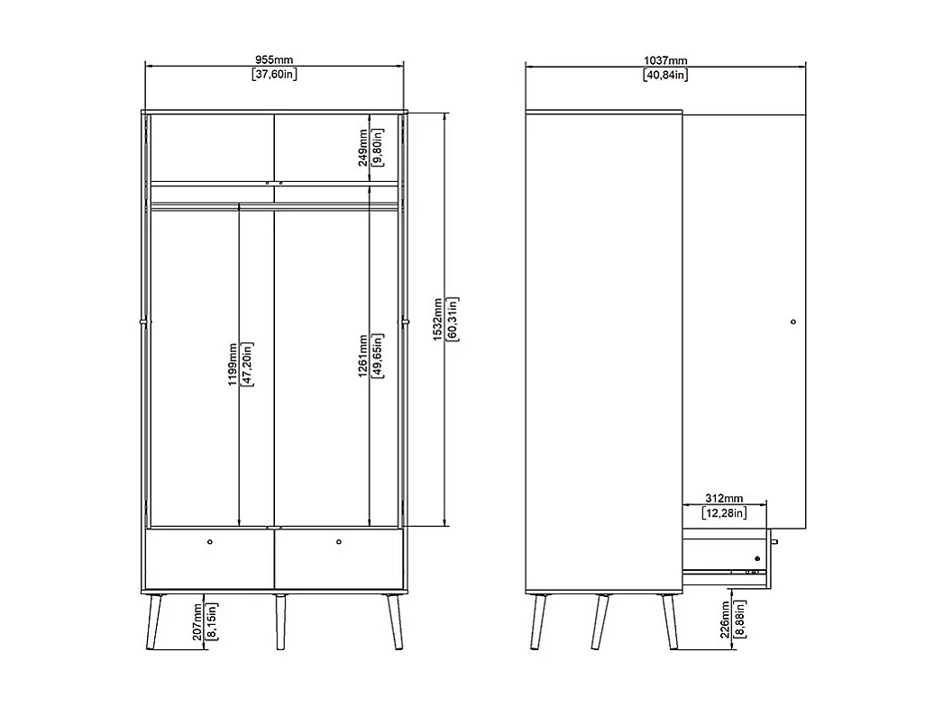 Armoire 2 portes et 2 tiroirs avec pieds en bois H200,1 cm - TARP