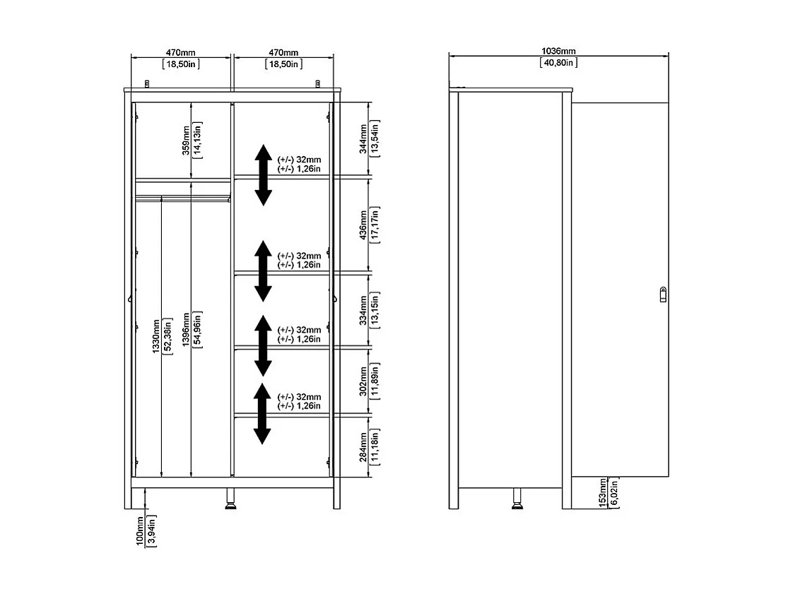 Madrid Kleiderschrank 199x103x59cm, 2 Türen Eichen-Dekor.