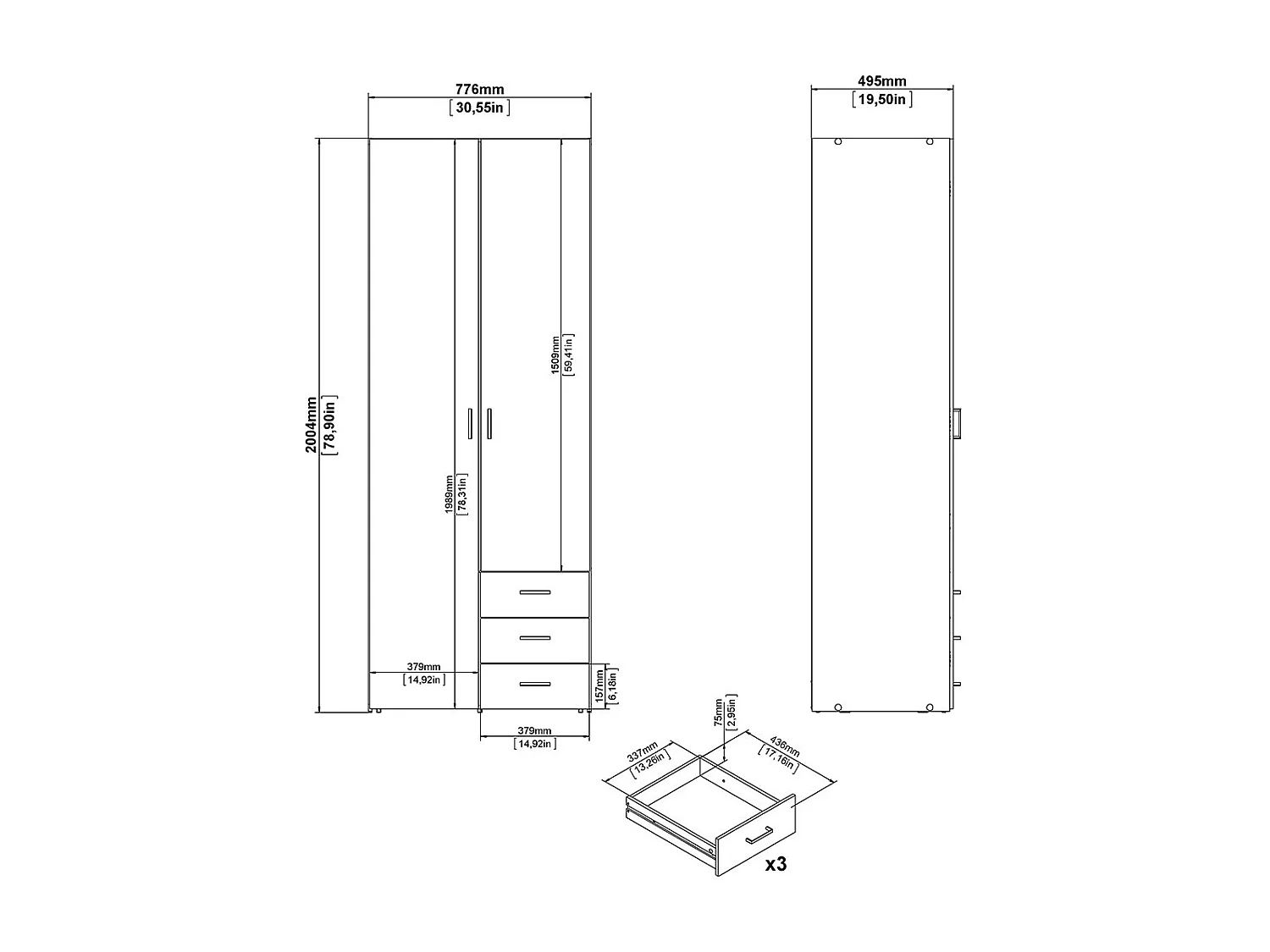 Space Kleiderschrank 201x78x50cm, 2 Türen, 3 Schubladen weiß.