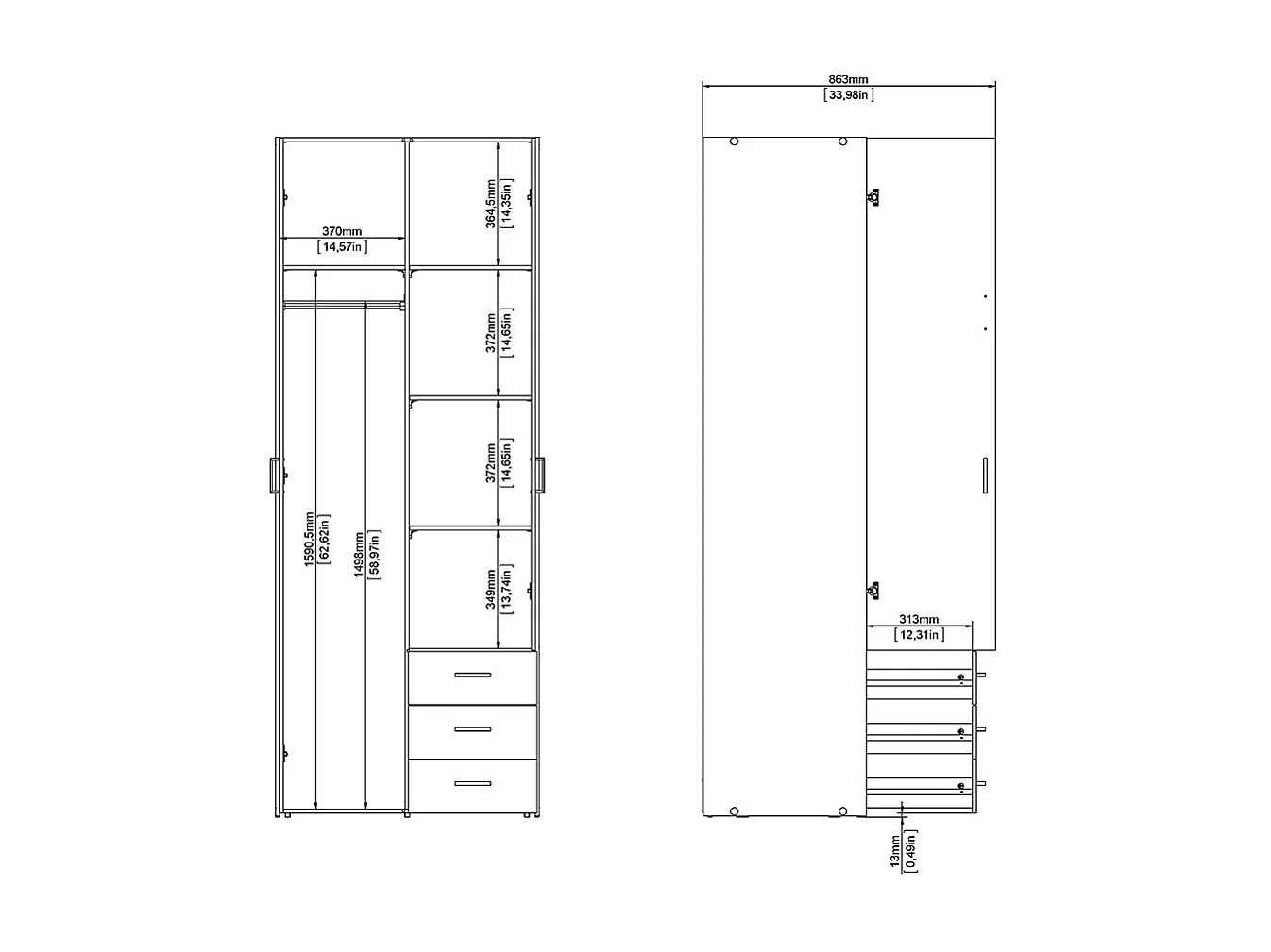 Space Kleiderschrank 201x78x50cm, 2 Türen, 3 Schubladen weiß.