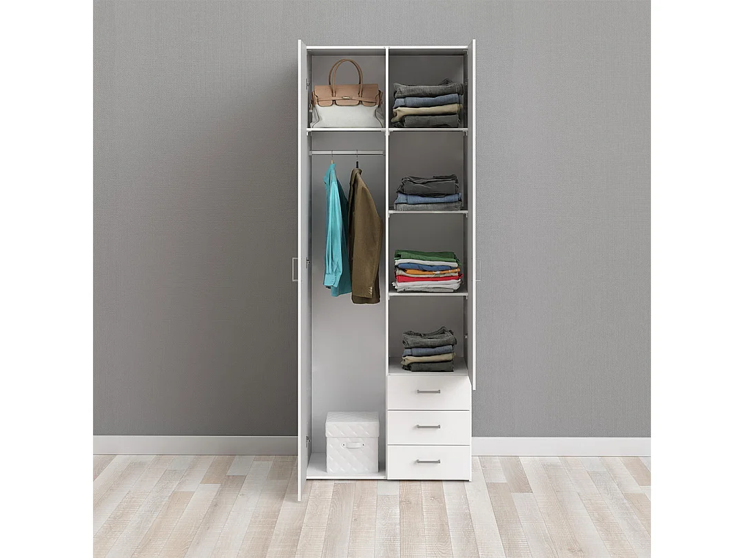Space Kleiderschrank 201x78x50cm, 2 Türen, 3 Schubladen weiß.