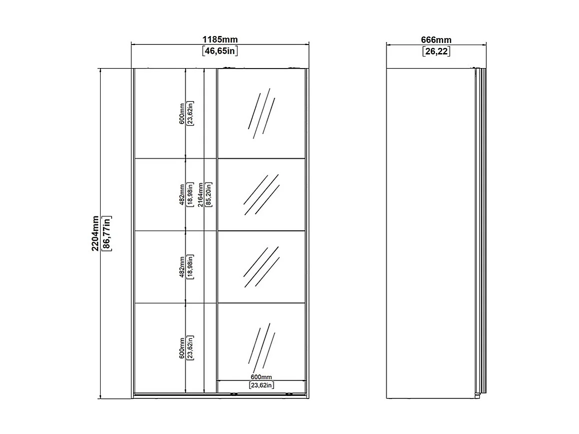 Catania Kleiderschrank 221x119x67cm, 1 Schiebetür, 1 Schiebetür mit Spiegel matt schwarz.