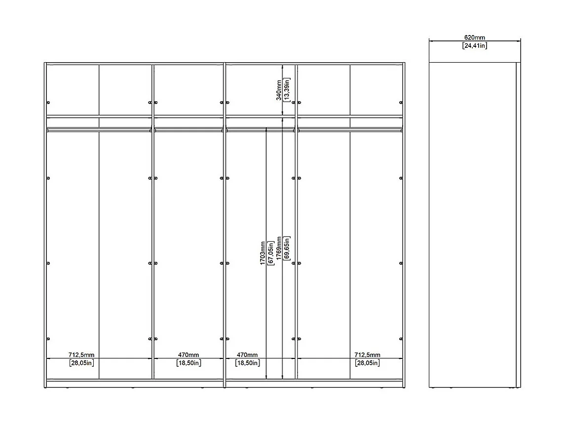 Catania Kleiderschrank 221x244x67cm, 1 Schiebetür, 1 Schiebetür mit Spiegel matt schwarz.