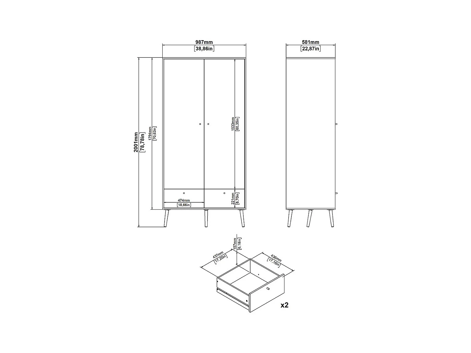 Armoire 2 portes et 2 tiroirs avec pieds en bois H200,1 cm - TARP