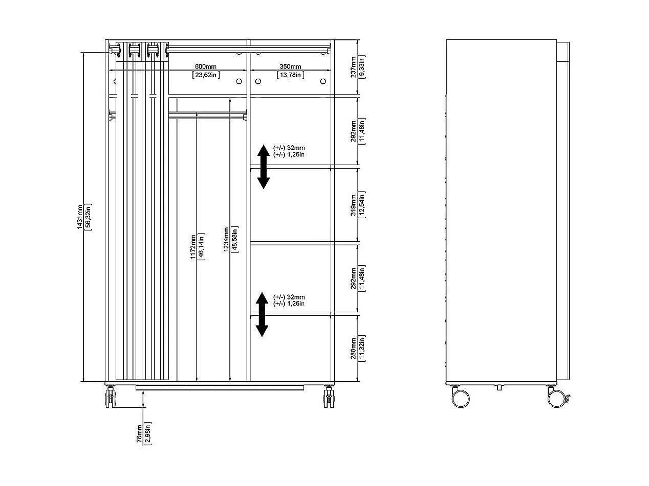 Kit Kleiderschrank 160x100x49cm, offen, Kleiderstangeneinsatz weiß, beige.