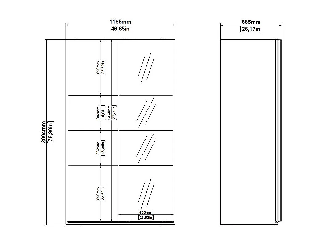 Catania Kleiderschrank 201x119x65cm, 1 Schiebetür, 1 Schiebetür mit Spiegel matt schwarz.