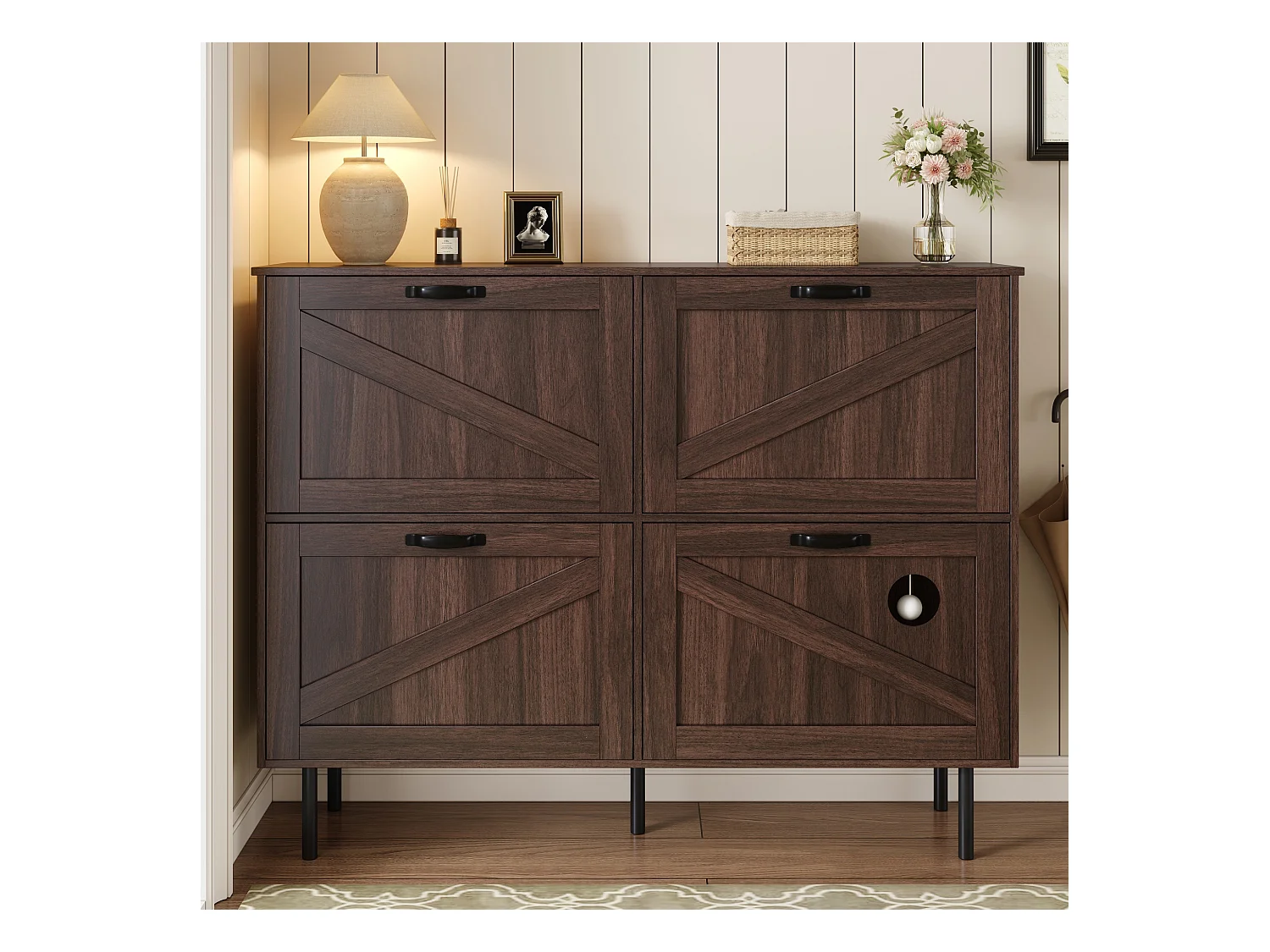 Meuble à chaussures étroit à 3 volets - 120 x 28 x 92 cm - avec rangement - aggloméré - marron