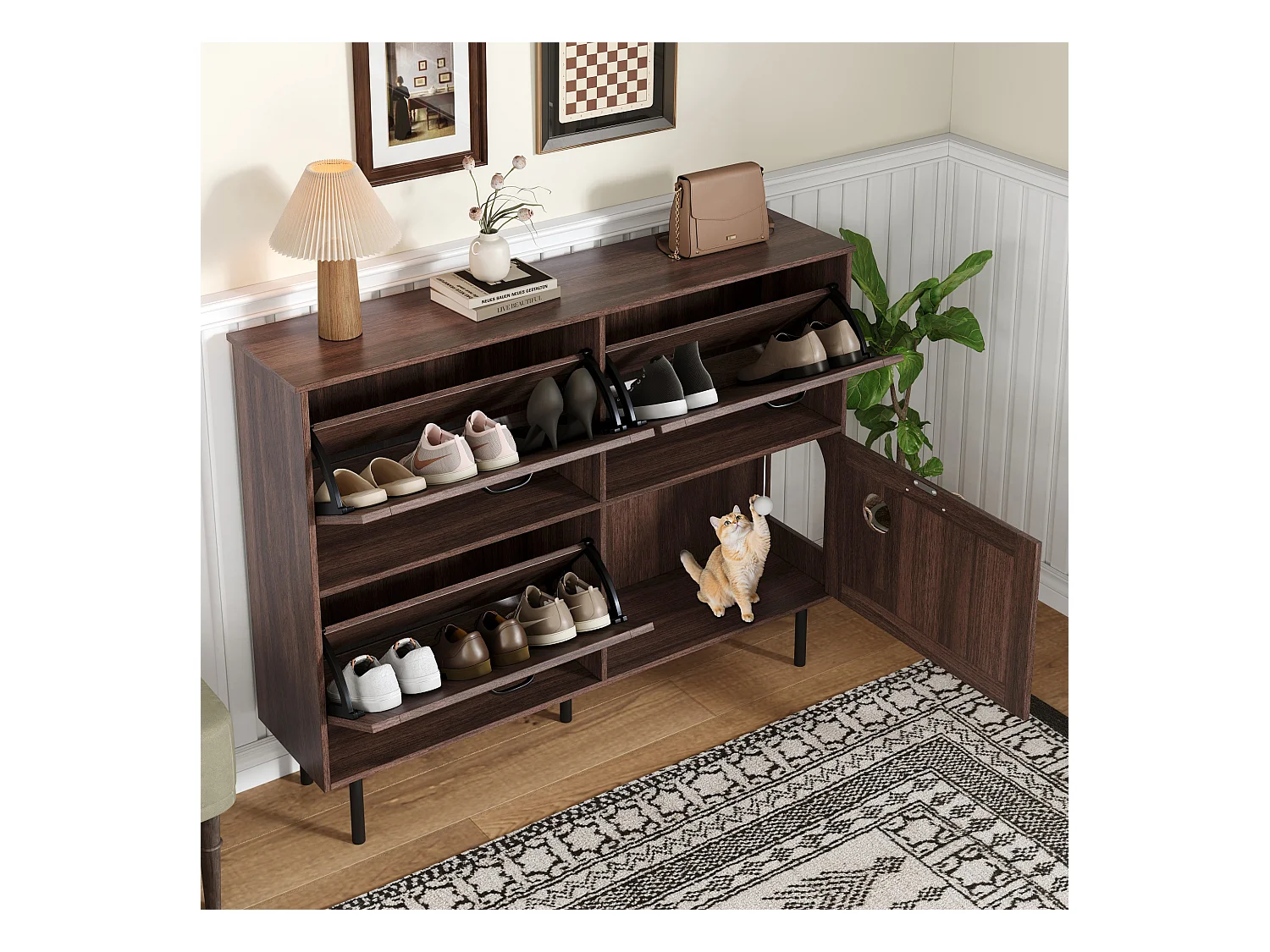 Meuble à chaussures étroit à 3 volets - 120 x 28 x 92 cm - avec rangement - aggloméré - marron