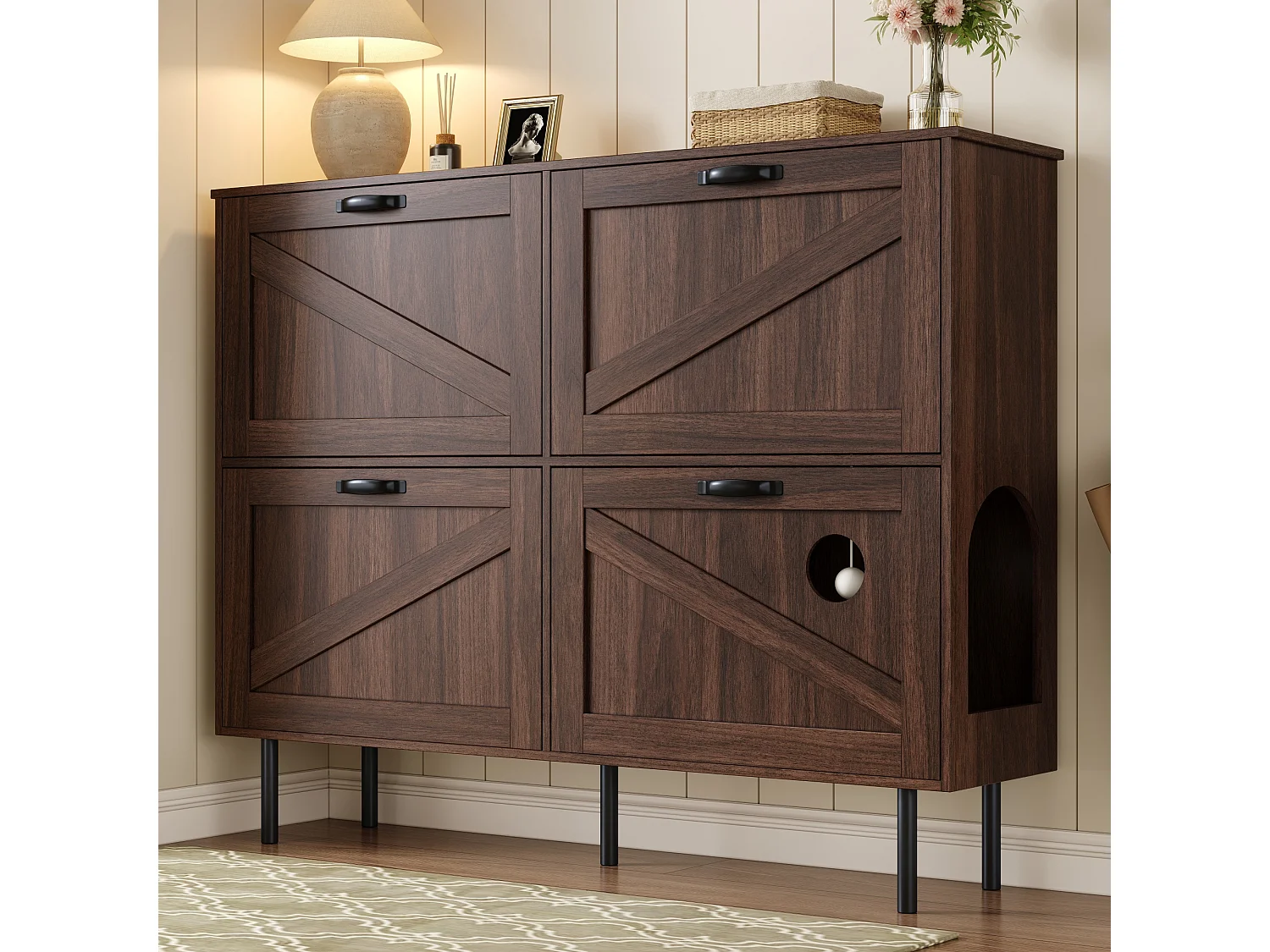 Schmaler 3-flügeliger Schuhschrank - 120 x 28 x 92 cm - mit Stauraum - Spanplatte - Braun