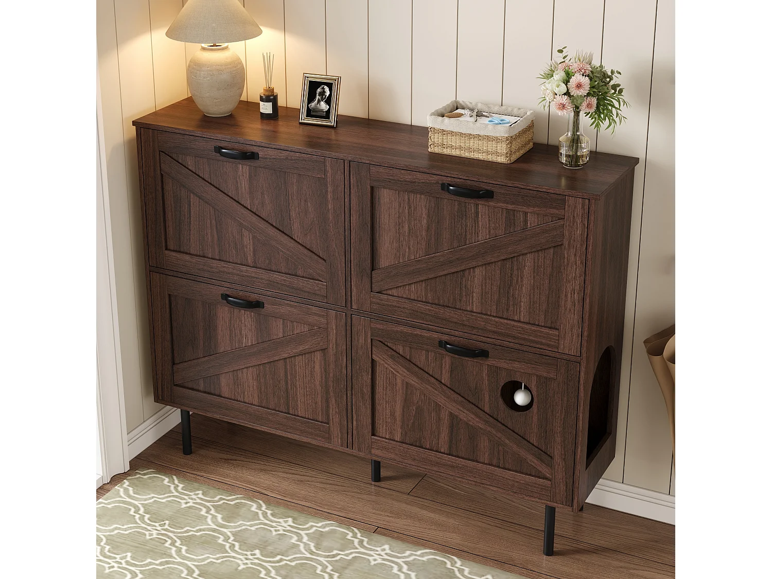 Schmaler 3-flügeliger Schuhschrank - 120 x 28 x 92 cm - mit Stauraum - Spanplatte - Braun