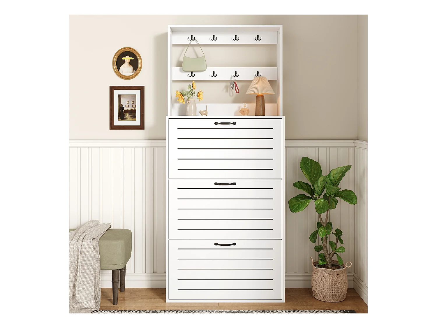 Meuble à chaussures avec 3 portes - 70 x 25 x 165 cm - étagère à chaussures avec crochets - aggloméré - blanc