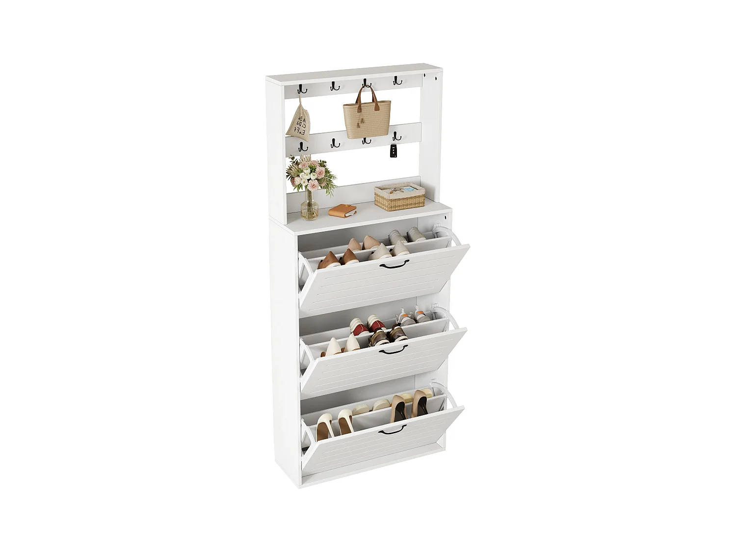 Schuhschrank mit 3 Türen - 70 x 25 x 165 cm - Schuhregal mit Haken - Spanplatte - Weiß