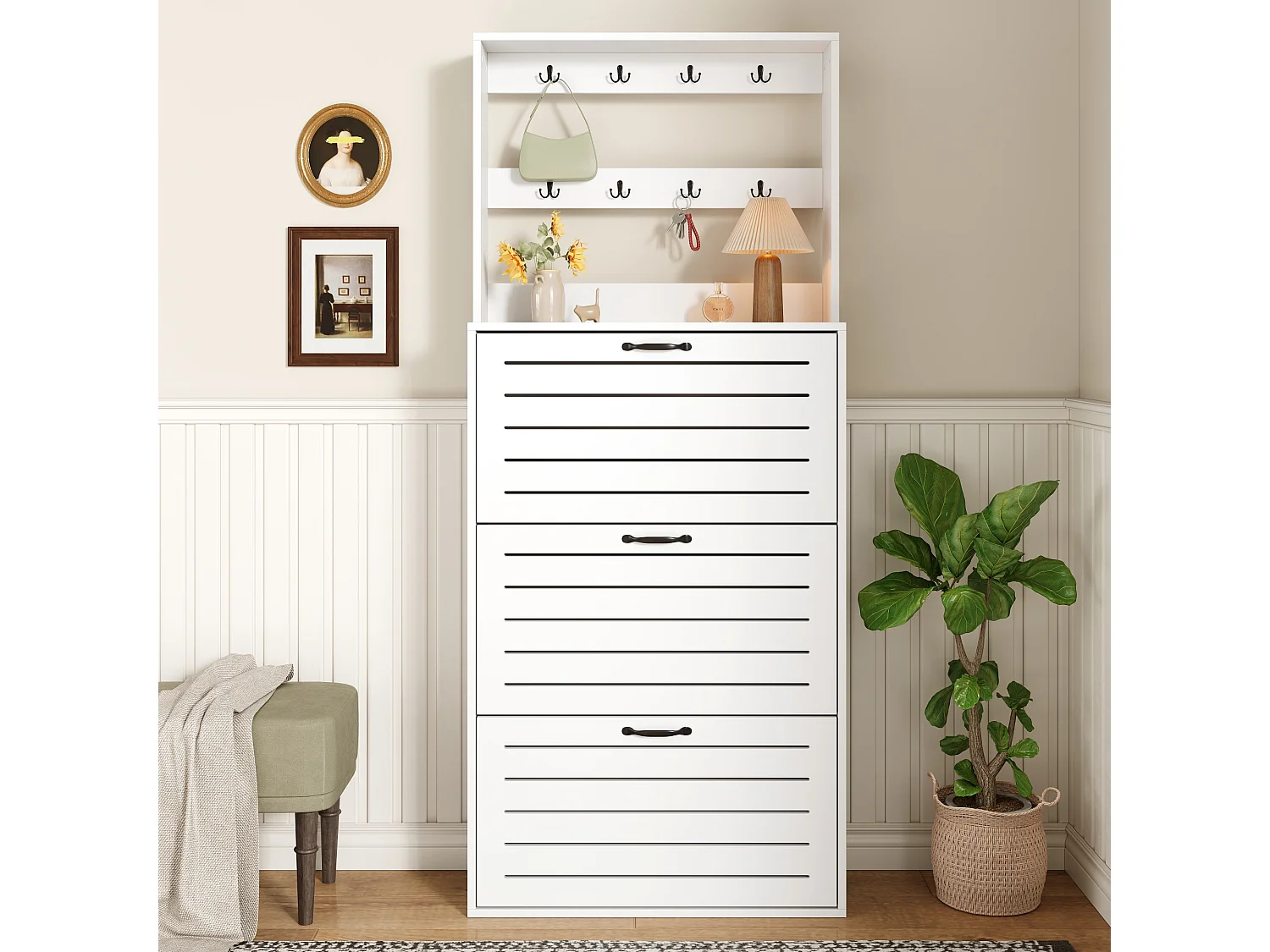 Schoenenkast met 3 deuren - 70 x 25 x 165 cm - schoenenrek met haken - spaanplaat - wit