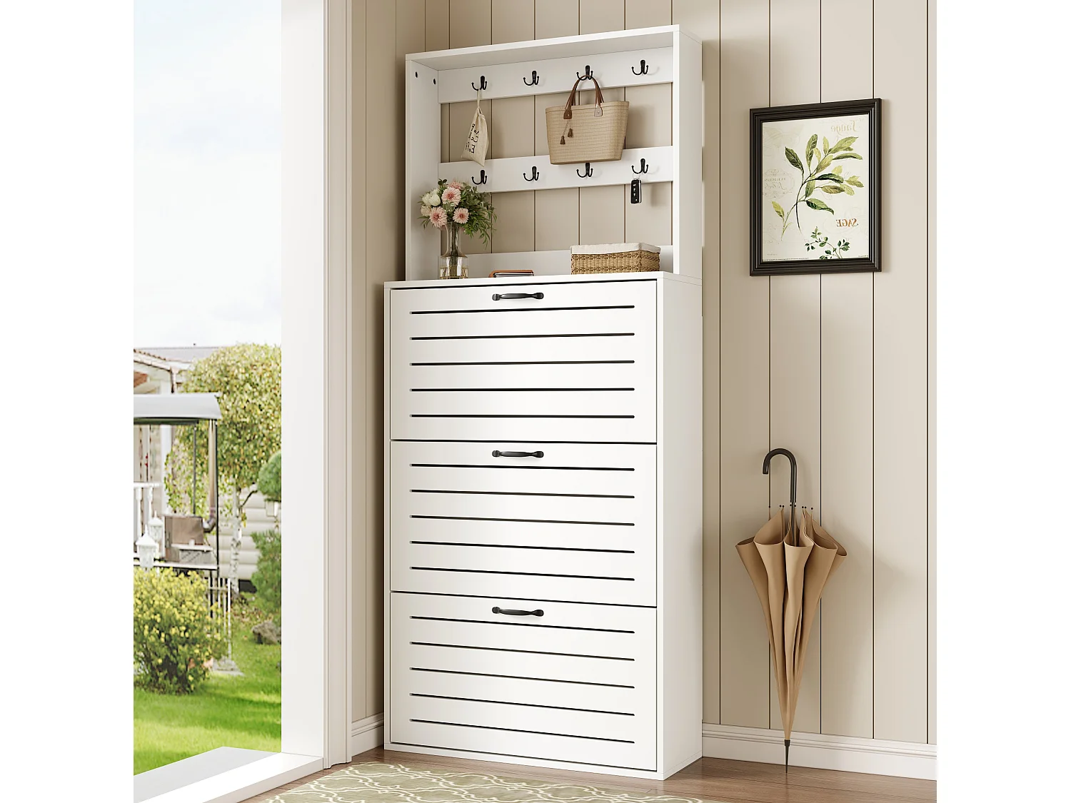 Schoenenkast met 3 deuren - 70 x 25 x 165 cm - schoenenrek met haken - spaanplaat - wit