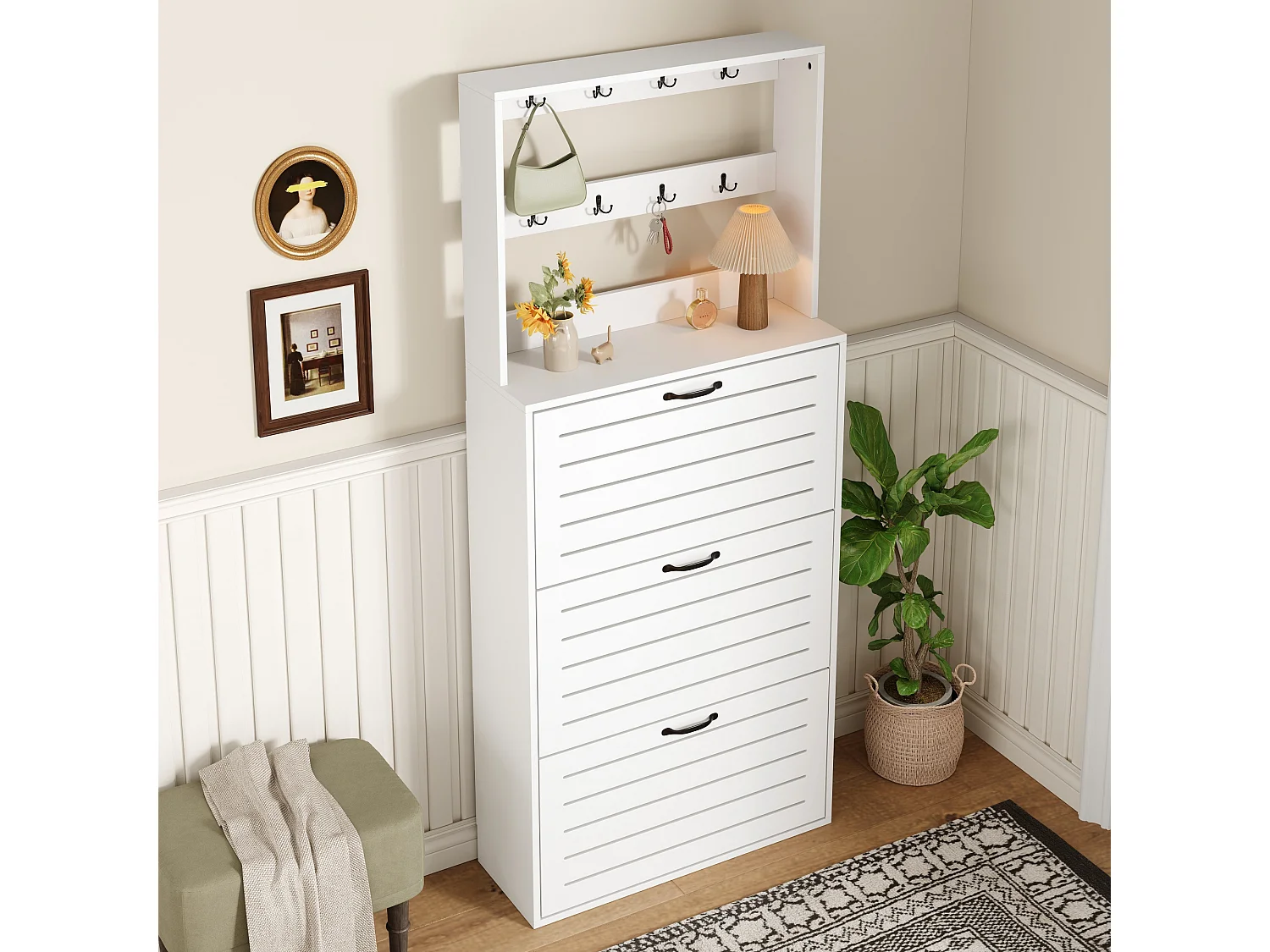 Schoenenkast met 3 deuren - 70 x 25 x 165 cm - schoenenrek met haken - spaanplaat - wit