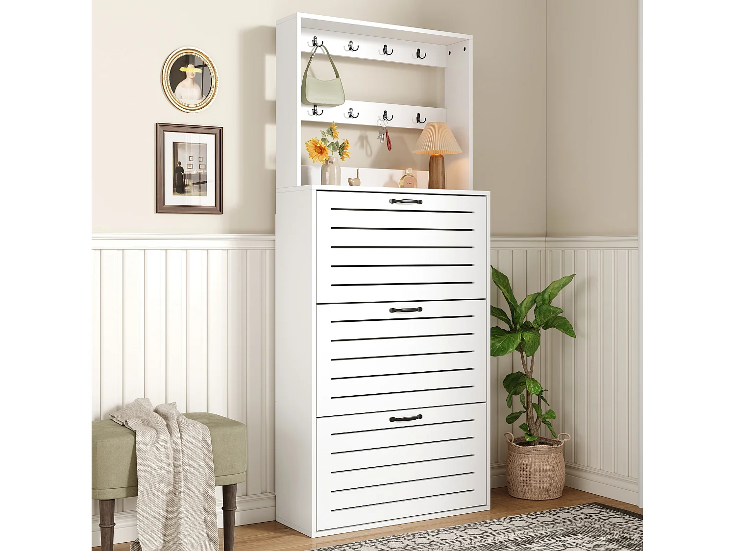 Schoenenkast met 3 deuren - 70 x 25 x 165 cm - schoenenrek met haken - spaanplaat - wit