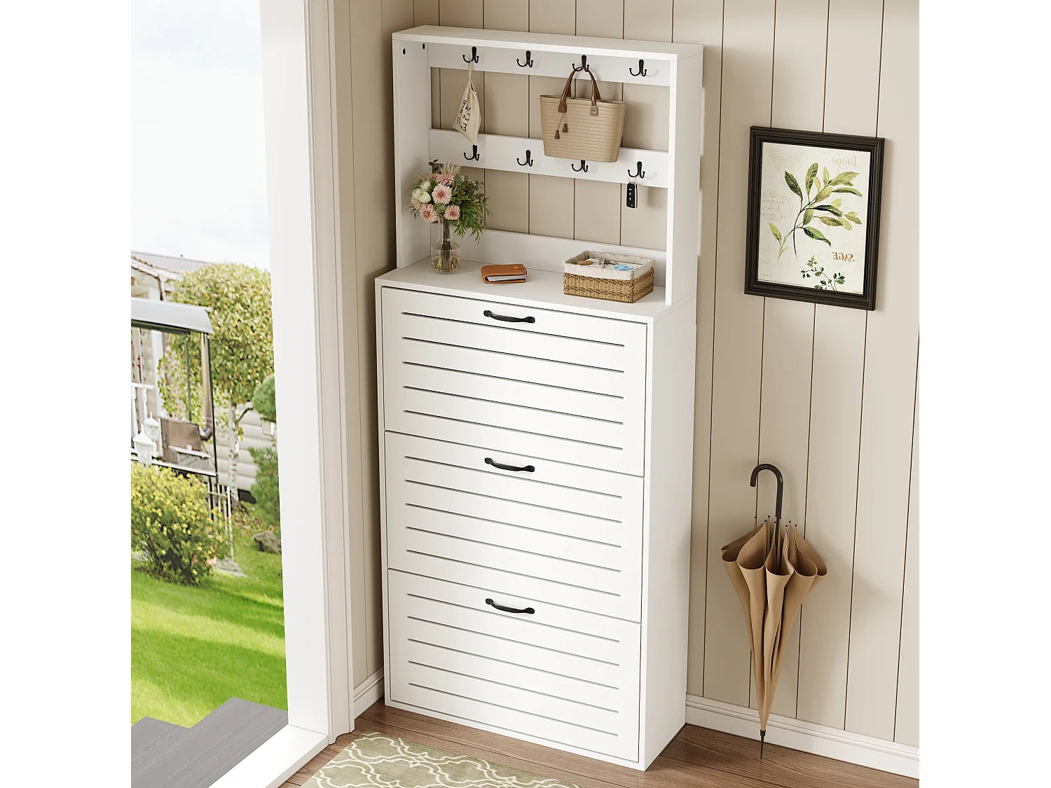 Schoenenkast met 3 deuren - 70 x 25 x 165 cm - schoenenrek met haken - spaanplaat - wit