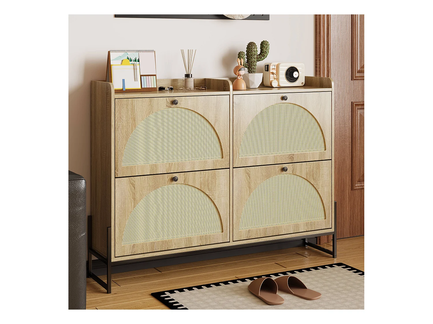 Schuhschrank mit 4 Klappen - 121 x 25 x 91,5 cm - verstellbares Schuhregal - Spanplatte - Natur