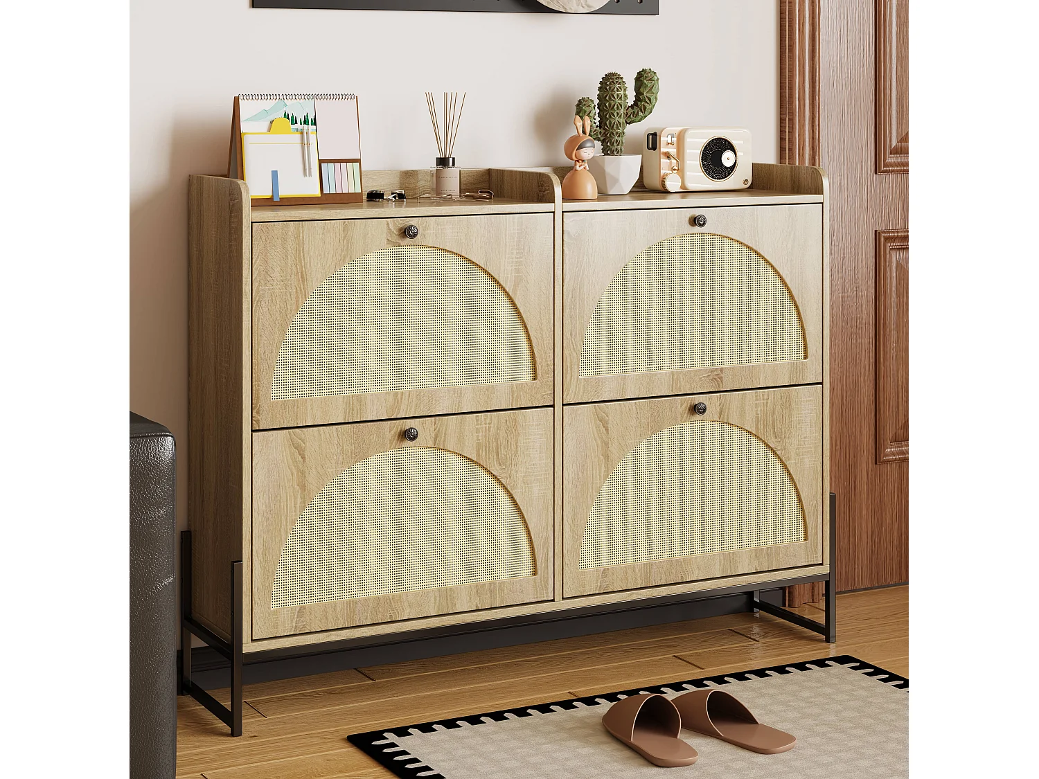 Schoenenkast met 4 kleppen - 121 x 25 x 91,5 cm - verstelbaar schoenenrek - spaanplaat - naturel