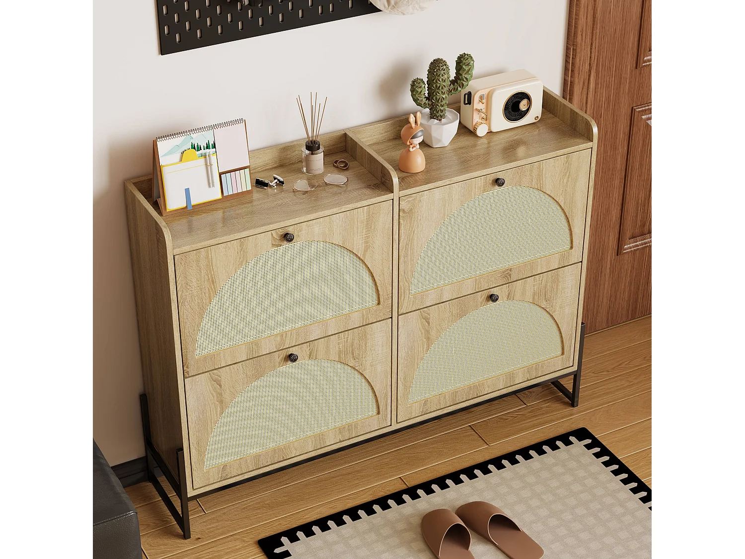 Schoenenkast met 4 kleppen - 121 x 25 x 91,5 cm - verstelbaar schoenenrek - spaanplaat - naturel