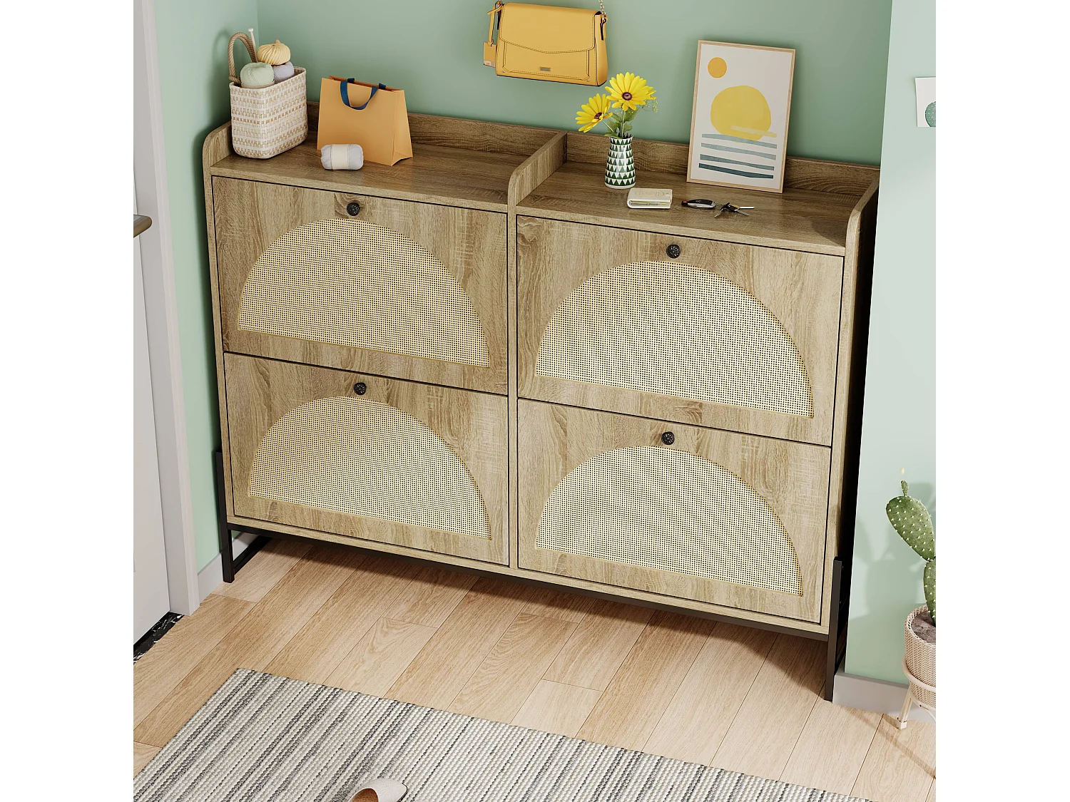 Schoenenkast met 4 kleppen - 121 x 25 x 91,5 cm - verstelbaar schoenenrek - spaanplaat - naturel