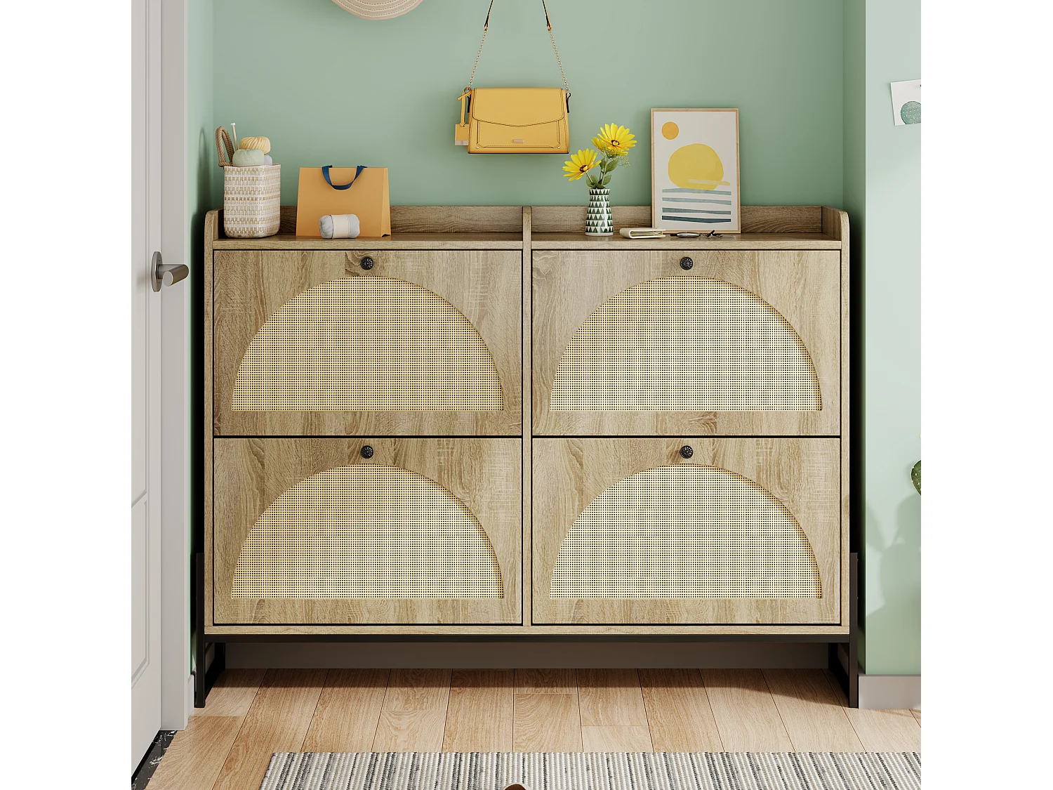 Schoenenkast met 4 kleppen - 121 x 25 x 91,5 cm - verstelbaar schoenenrek - spaanplaat - naturel