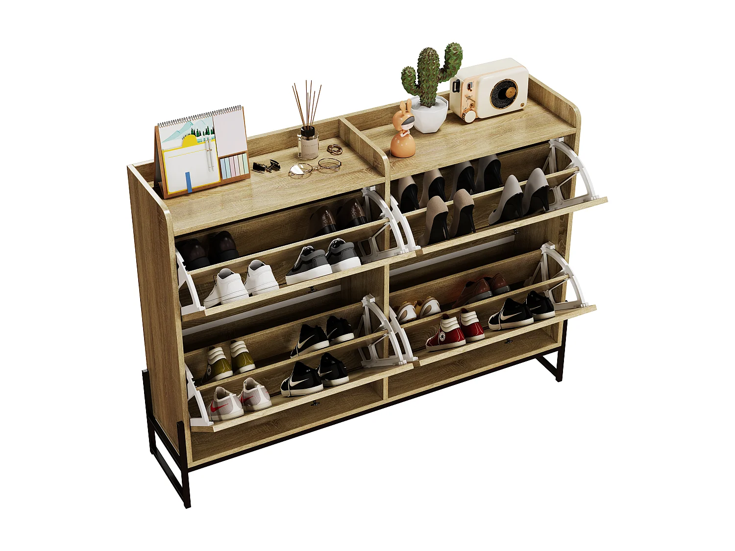 Schoenenkast met 4 kleppen - 121 x 25 x 91,5 cm - verstelbaar schoenenrek - spaanplaat - naturel