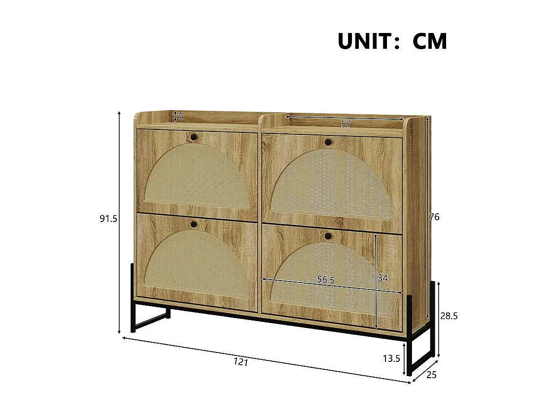 Schoenenkast met 4 kleppen - 121 x 25 x 91,5 cm - verstelbaar schoenenrek - spaanplaat - naturel