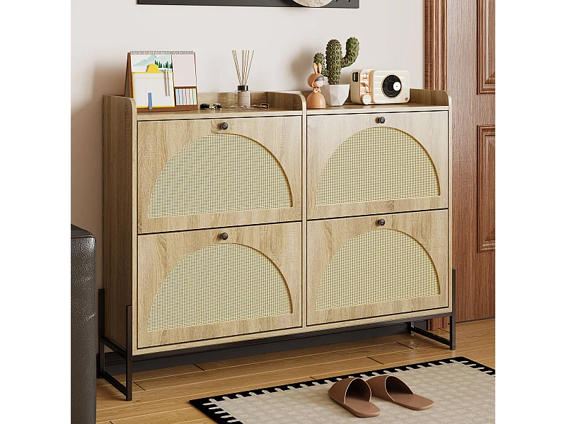 Schoenenkast met 4 kleppen - 121 x 25 x 91,5 cm - verstelbaar schoenenrek - spaanplaat - naturel