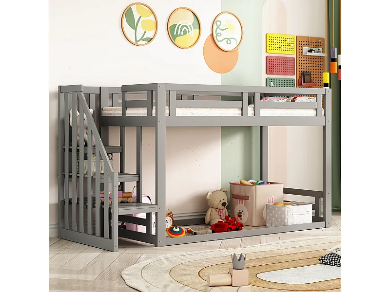 Litera infantil - 90 x 200 cm - con escalera de seguridad - madera + MDF - gris