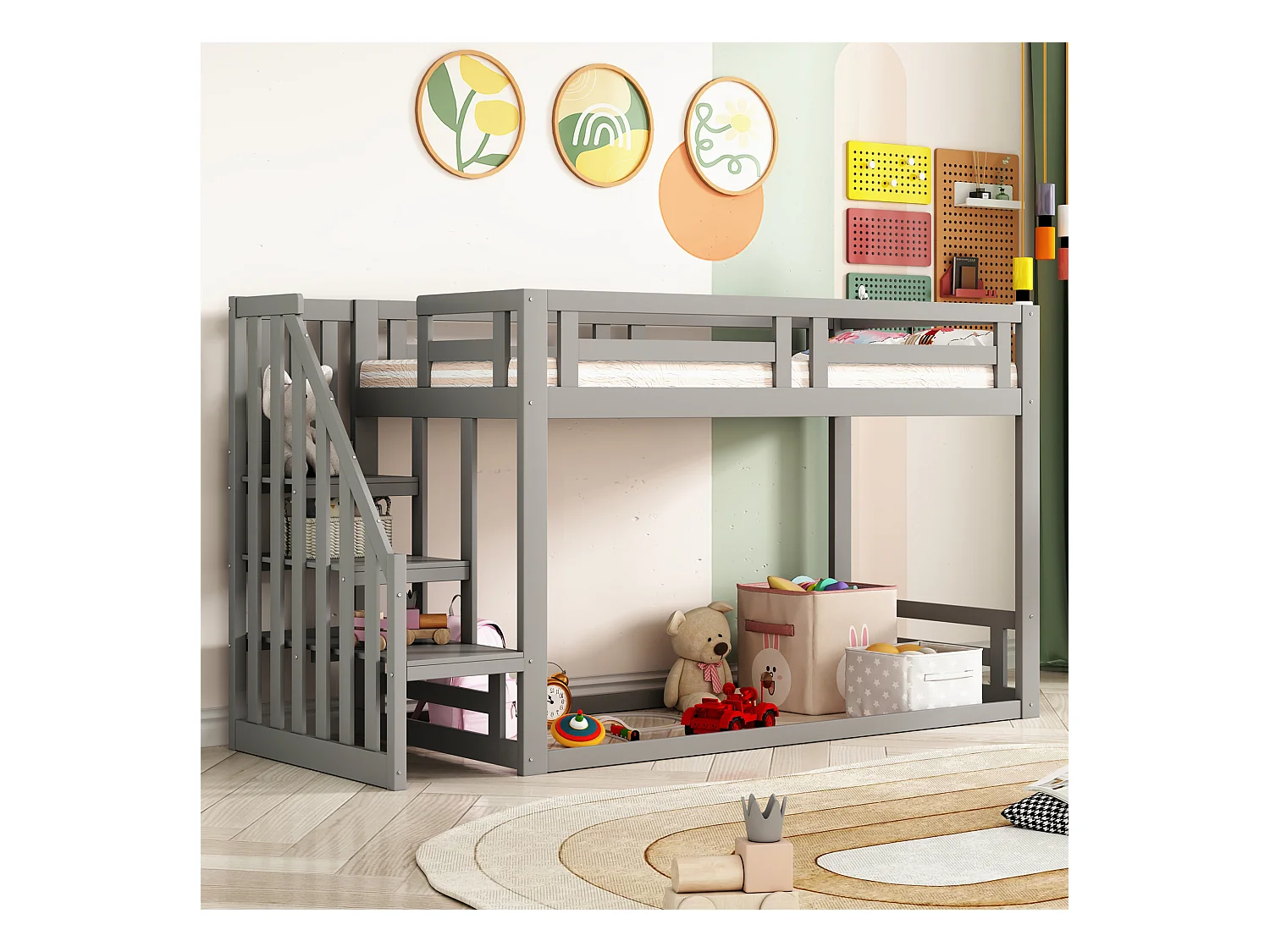 Lit superposés pour enfant - 90 x 200cm - avec escalier de sécurité - bois + MDF - gris