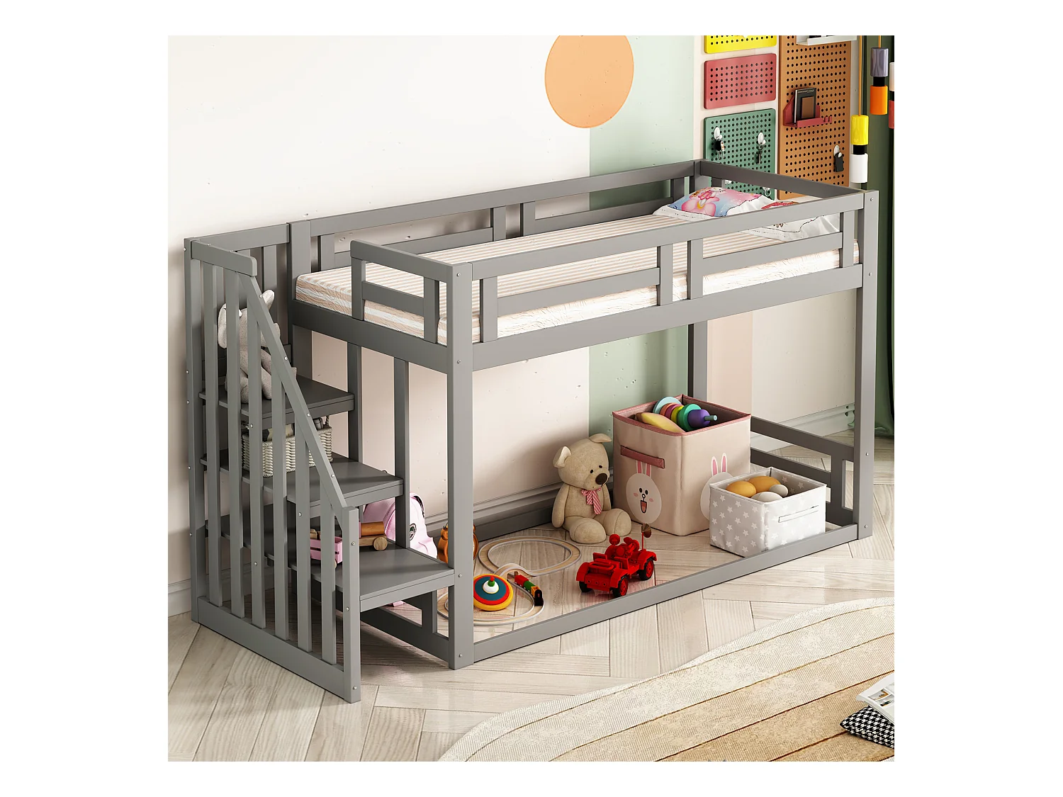 Lit superposés pour enfant - 90 x 200cm - avec escalier de sécurité - bois + MDF - gris