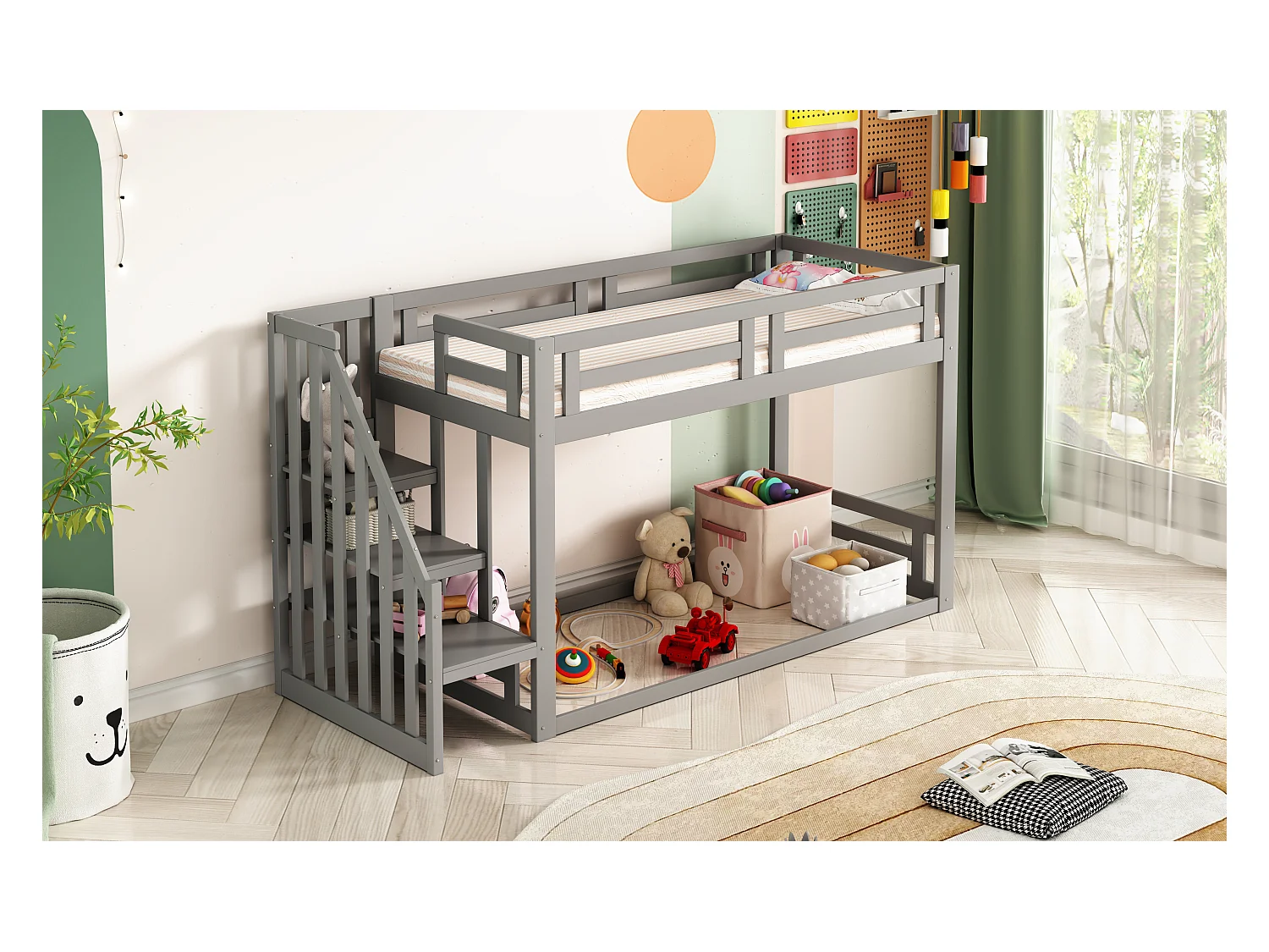 Lit superposés pour enfant - 90 x 200cm - avec escalier de sécurité - bois + MDF - gris