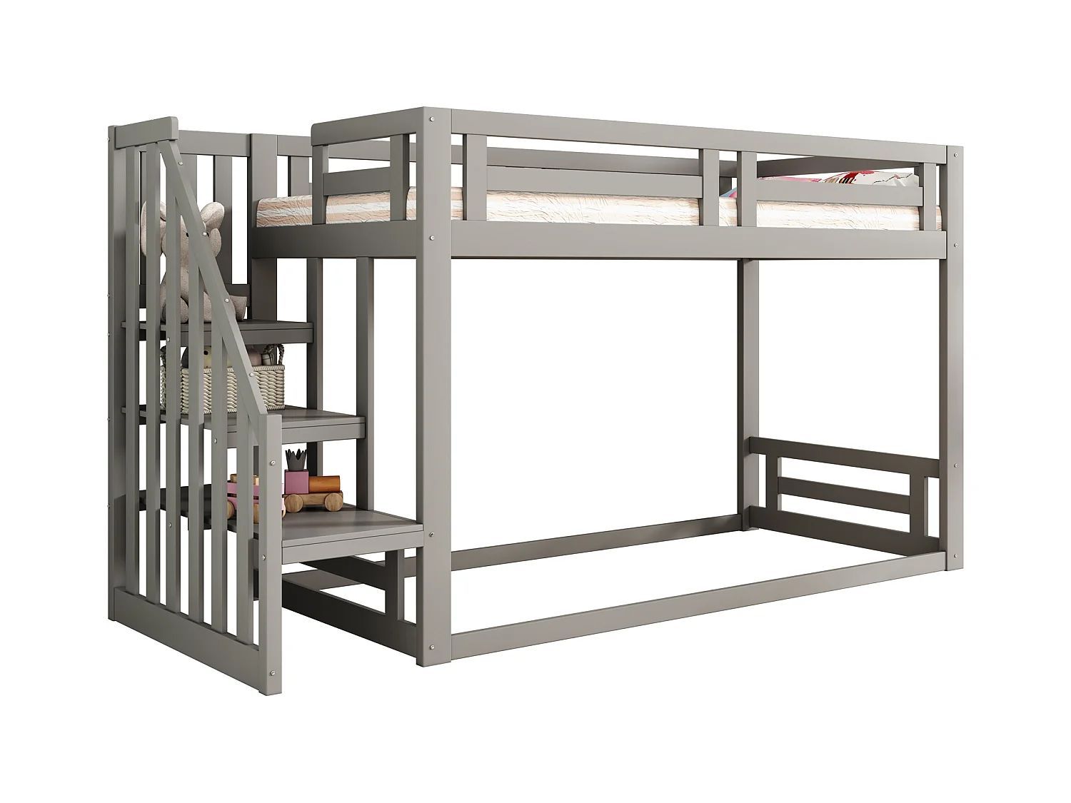 Lit superposés pour enfant - 90 x 200cm - avec escalier de sécurité - bois + MDF - gris